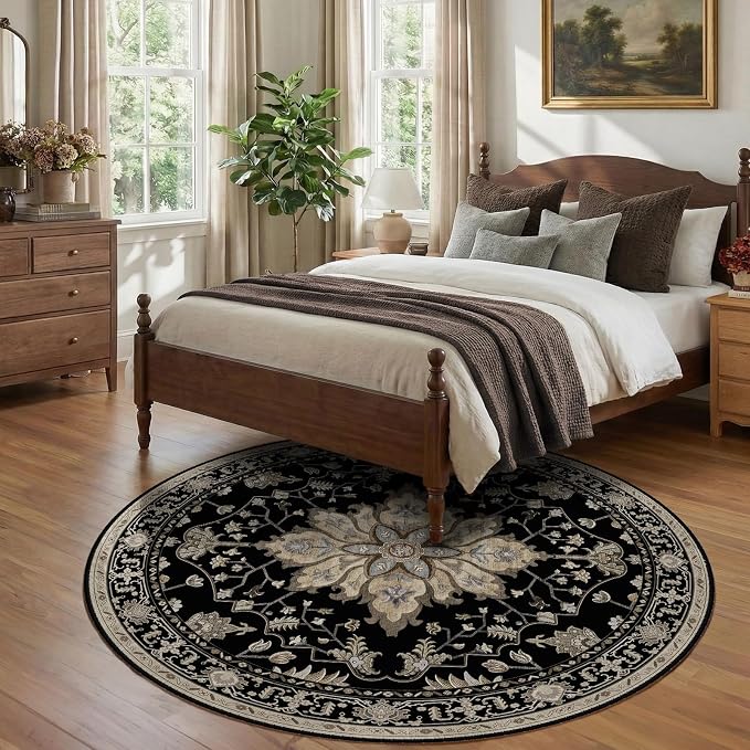 RELEANY Washable Area Rug, Round 7ft, Black/Neutral | Non-Slip, Water Repellent, Pet Friendly, Easy to Clean, Vintage Floral Boho Decor for Living Room Bedroom Dining Room