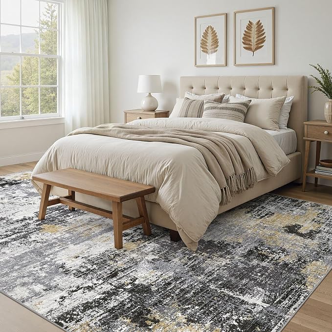 UERMEI 10x14 Area Rug for Living Room - Washable Neutral Modern Abstract Carpet, Non-Slip Soft Large Indoor Floor Rugs for Bedroom Home Office & Under Dining Table Decor, Black/White/Gold