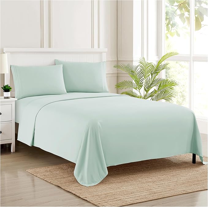 RV Queen Bed Sheets - Breathable Luxury Sheets with Full Elastic & Secure Corner Straps Built In - 1800 Supreme Collection Extra Soft Deep Pocket Bedding Set, Sheet Set, RV Short Queen, Mint