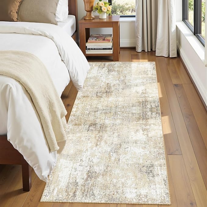 RELEANY Washable Runner 2'x6' Abstract Area Rug for Hallway Neutral Brown | Carpet for Kitchen, Entryway, Bathroom, Living Room, Bedroom, Printed Pattern, Non‑Slip, Soft, Stain‑Resistant, Easy to Clean