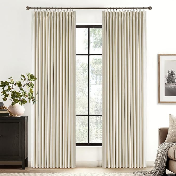 RYB HOME Natural Pinch Pleated Linen Curtains, 100% Blackout Thermal Insulated Double Layer Textured Curtains for Sliding Glass Door Picture Window, Beige, 40" W x L90 L, 2 Panels Set