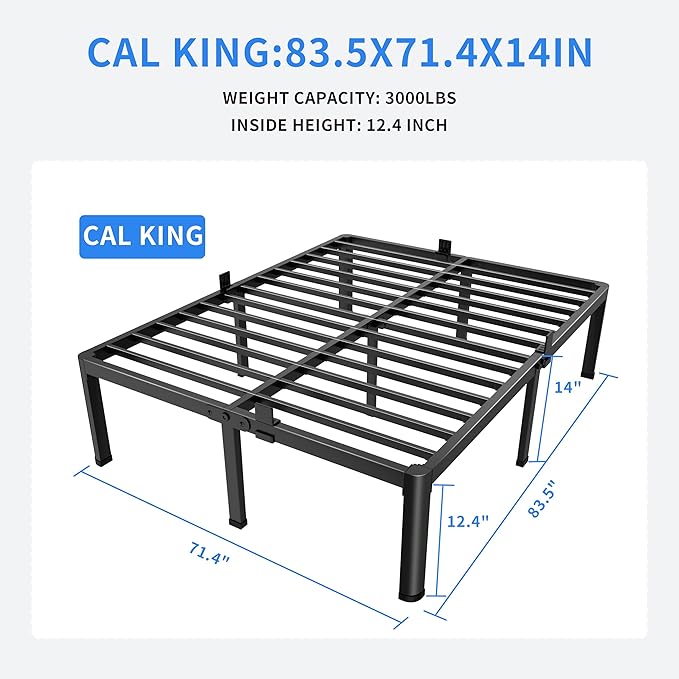 MAF 14 Inch California King Metal Platform Bed Frame with Round Corner Legs | Mattress Baffle, 3000 LBS Heavy Duty Steel Slat Support, Noise Free, No Box Spring Needed, Easy Assembly, 12.4" Storage Space
