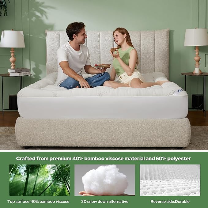 BEDLORE Queen Mattress Topper Viscose Bamboo, Thick Pillow Top Mattress Pad | Stretchable Pockets Fit 6”-18” Mattress, Soft Breathable Mattress Topper for Back Pain Relief and Hot Sleepers(White)