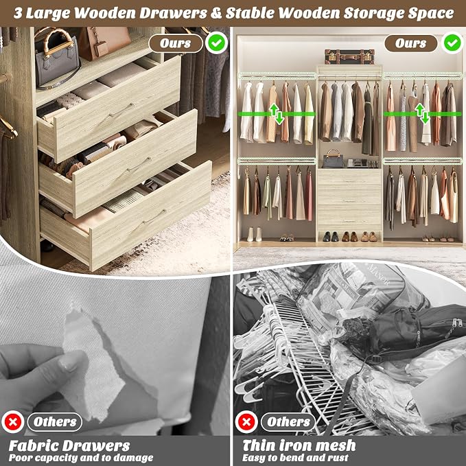 Aheaplus Closet System, 4.2-9Ft Closet Organizer with with 4 Rods, White Oak | for Walk in Closet, Wardrobe Clothes Rack with 4 Hanging Rods, Garment Rack