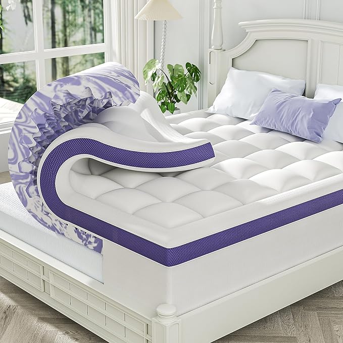 Dual Layer 4 Inch Memory Foam Mattress Topper Full | 2 Inch Gel Memory Foam and 2 Inch Pillow Top Mattress Pad Cover, 7-Zone Egg Crate & 2-in-1 Design (White)