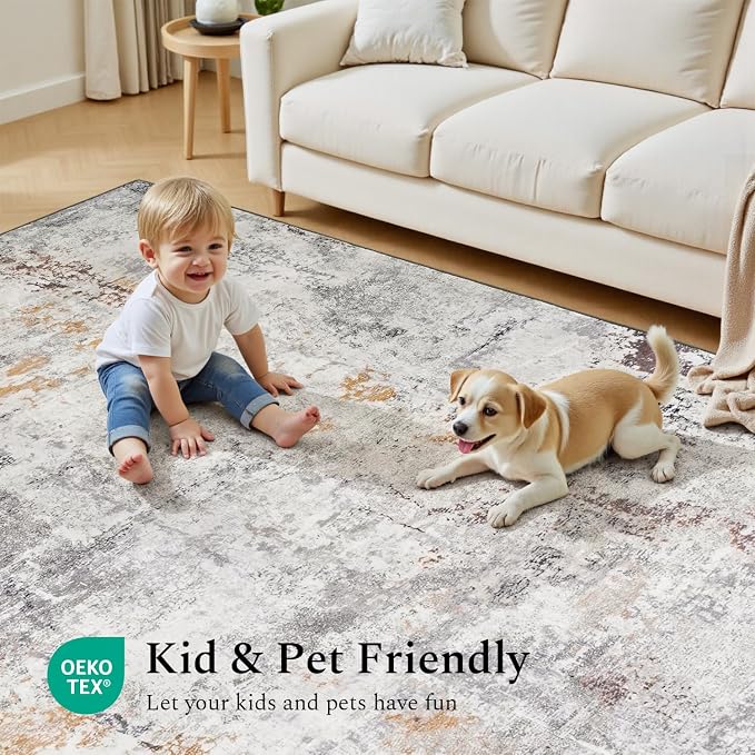 Rugflix 5x7 Area Rugs for Living Room, Washable Beige Grey Large Rug | Machine Washable; Stain-Resistant; Low Pile; Non-Slip; Modern Abstract; Carpet for Bedroom Dining Office Nursery Home