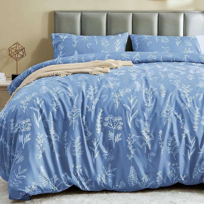 MUXHOMO Duvet Cover Twin/Twin XL Size Set, Reversible Floral Ice Blue Duvet Cover with Zipper Closure, 2 Pieces Botanical Patterns Soft Microfiber Bedding Set with 4 Ties (68"x90", 1 Pillow Case)