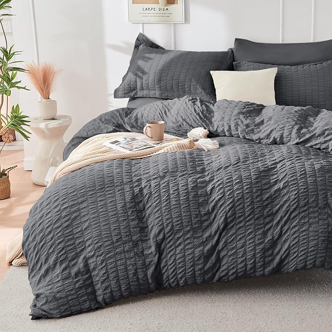 HYMOKEGE California King Comforter Set Seersucker 7 Pieces, All Season Luxury Bed in a Bag for Bedroom, Bedding Set with Comforters, Sheets, Pillowcases & Shams, Dark Grey