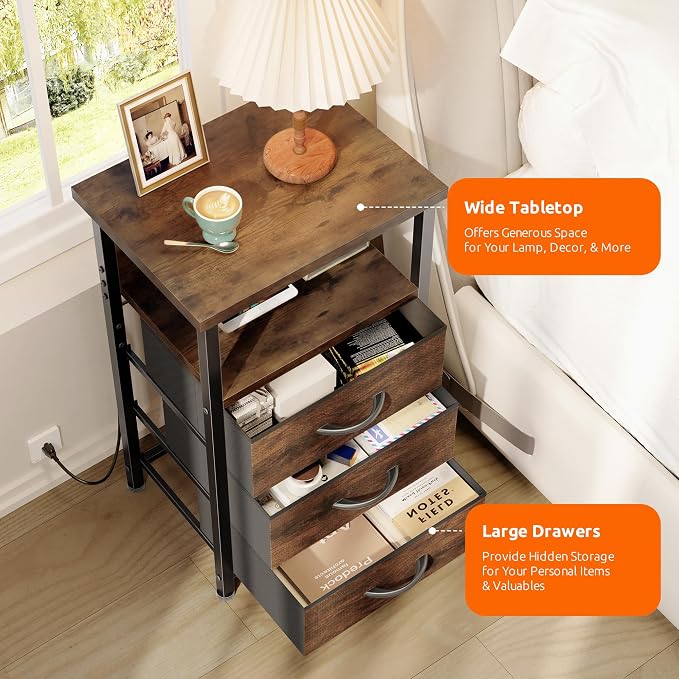 Lazzanto Night Stand with Charger Station, 3 Fabric Drawers, Brown | Nightstand, Bedside Table, Open Shelf, Built in USB-A, USB-C Port & AC Outlets, For Bedroom, Dorm, Living Room