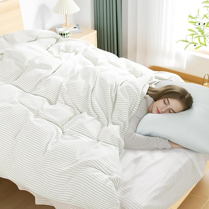 NEXHOME PRO Striped Duvet Cover Oversized Queen,100% Washed Cotton Bedding Set,Textured Linen Feel,Breathable,Organic,3 Piece(Green Stripes 98x98)