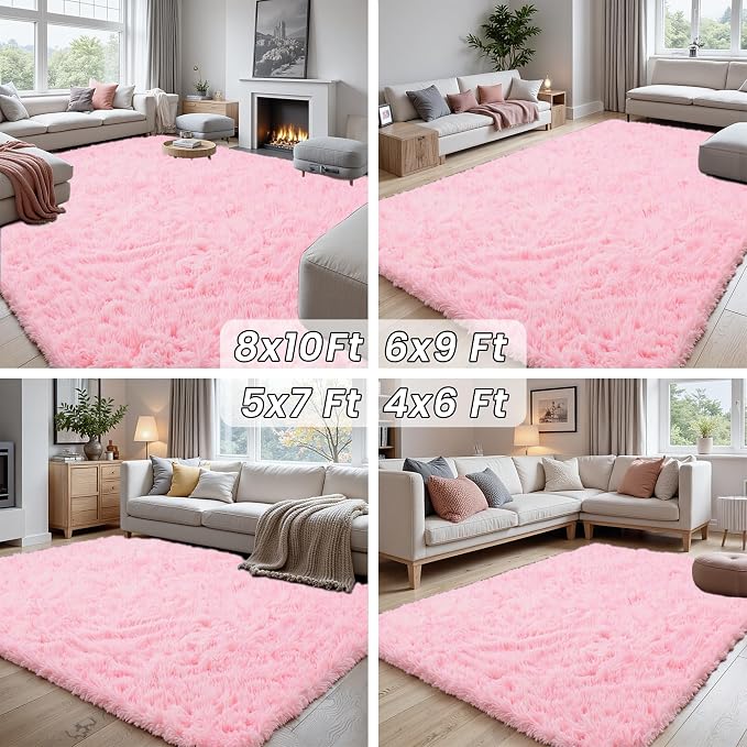 8x10 Fluffy Shag Area Rugs for Living Room Bedroom: Soft Carpet Light Pink | Upgraded Non-Slip Thick Memory Foam, Ultra Soft, Non-Shedding Fuzzy Carpet, Easy Clean Decor for Kids Room, Nursery, Playroom