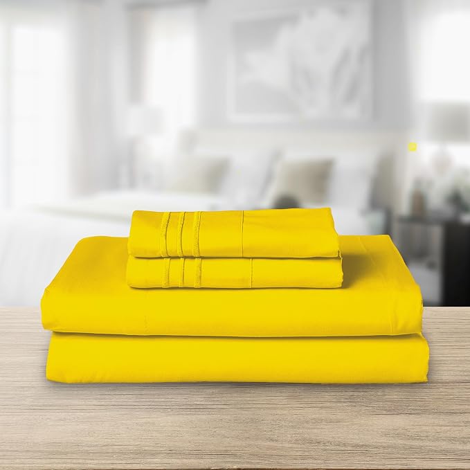 Elegant Comfort Luxurious 1500 Premium Hotel Quality Microfiber Three Line Embroidered Softest 4-Piece Bed Sheet Set, Wrinkle and Fade Resistant, Full, Yellow