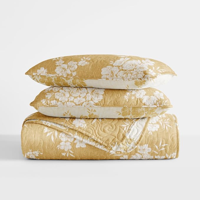 Merit Linens 3 Piece Quilt Set - Super Soft - Lightweight - All Season Quilted Coverlet - Timeless Patterns - Twin/TwinXL Mustard
