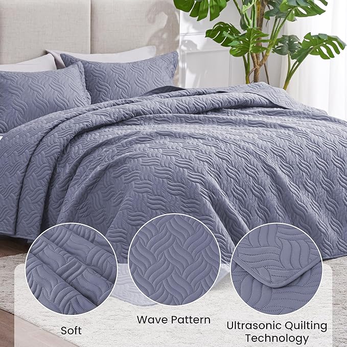 Love's cabin Twin Quilt Bedding Set Bluish Grey Bedspreads - Soft Bed Summer Lightweight Bedspread Comforter - Wave Pattern Bedding Coverlet for All Season - 2 Pieces (1 Quilt, 1 Pillow Sham)