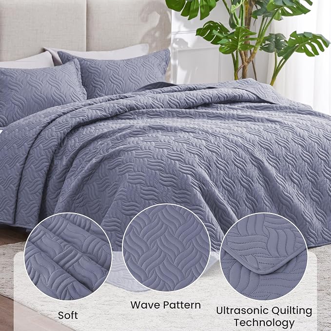 Love's cabin Quilts for Queen Bed Bluish Grey Bedspreads Bedding Set - Summer Lightweight Bedspread Comforter - Wave Pattern Bedding Coverlet for All Season - 3 Pieces (1 Quilt, 2 Pillow Shams)