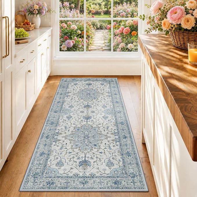 RELEANY Washable Area Rug, Runner 2'x6', Blue/White/Gray | Non-Slip, Water Repellent, Pet Friendly, Easy to Clean, Vintage Floral Boho Decor for Kitchen Entry Bedroom Bedside Laundry