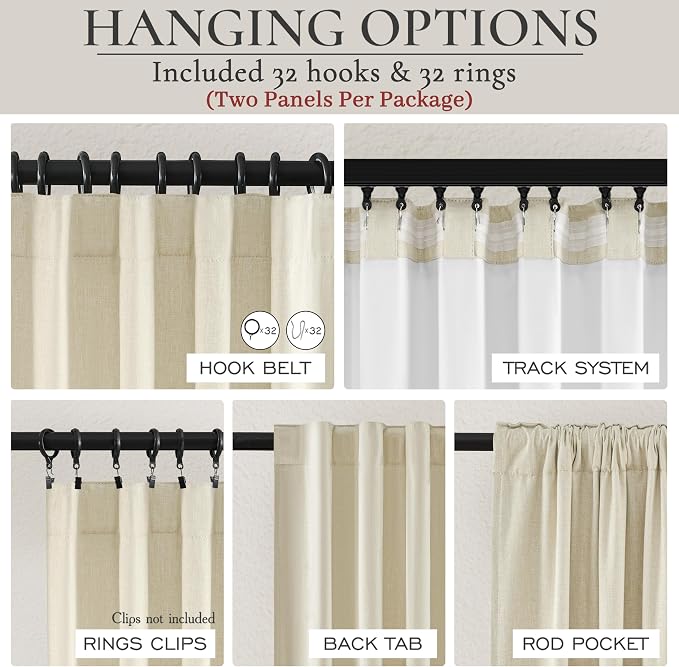 Warm Cream Extra Long Pleated Black Out Curtains 105 Inches Long for Living Room, Natural Linen Blend Patio Door Curtain with Track&Back Tab 2 Panels Set Insulated Privacy Window Drapes (50"Wx105"L）