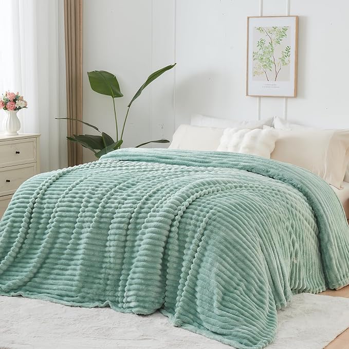 NEWCOSPLAY Fleece Ribbed Cozy Twin Blanket for Couch, Mint Green, 60"x80" | Premium Silky Flannel Blanket, Soft Lightweight Fluffy Throw Blanket for Bed Sofa Decor, Gift for All Season Use
