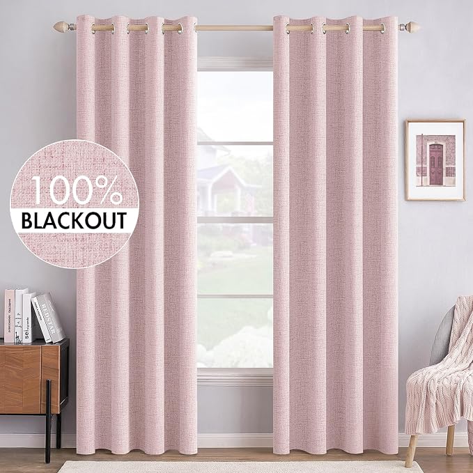 MIULEE 100% Blackout Linen Curtains for Bedroom 52x90 Inches Pink | Room Darkening, Light Blocking, Thermal Insulated, Grommet Top, Linen Textured, Window Curtains for Living Room, 2 Panels