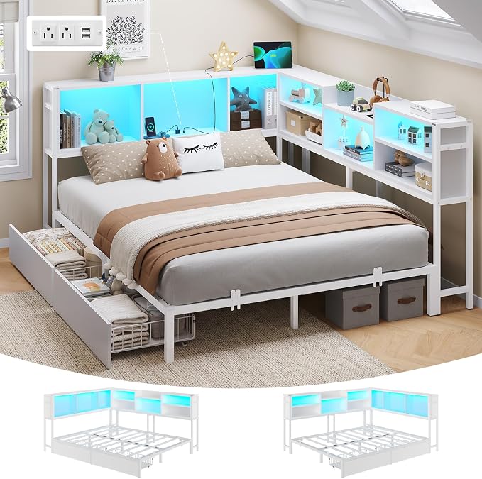 DICTAC Queen Corner Bed Frame with Storage Bookcase and 2 Drawers,Platform Corner Bed Frame Queen Size with LED Lights & Charging Station,Metal Daybed for Teens/Adult with Storage,Saving Space,White