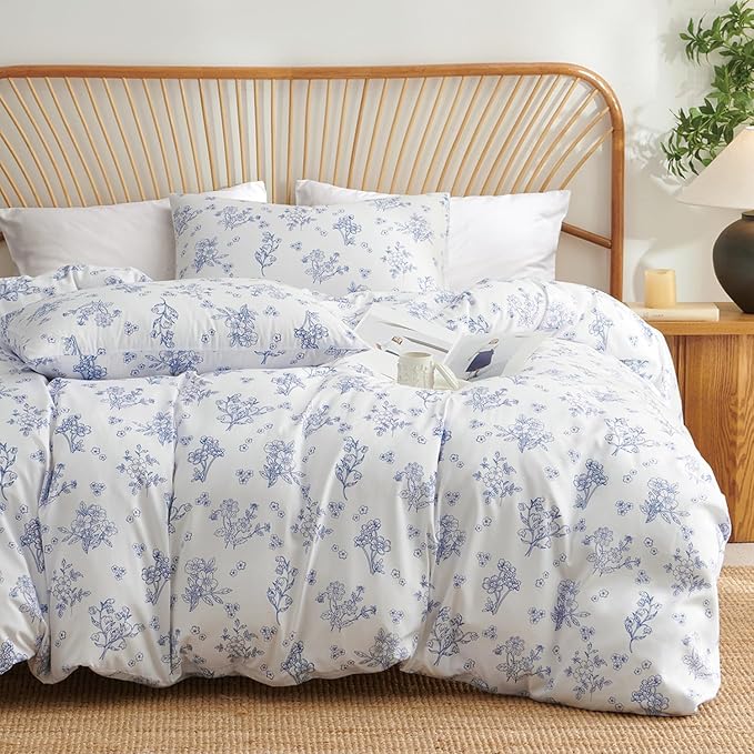 Nayoroom Blue Floral Duvet Cover Set King Spring Cottagecore Bedding | Soft Breathable Washed Microfiber, All-Season Comfort, Hidden Zipper, 4 Corner Ties, Modern Farmhouse Aesthetic Bedding