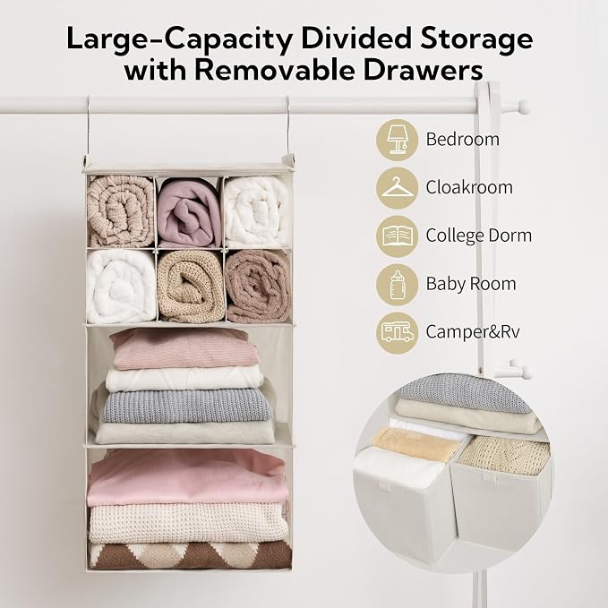 GRANNY SAYS 4-Shelf Hanging Closet Organizer with Drawer, Foldable Storage | Dividers Closet Hanging Organizer, No-Sag Support, Keeps Clothes Neat, Folds Flat, Fits RV, Dorm & Small Closets, Beige
