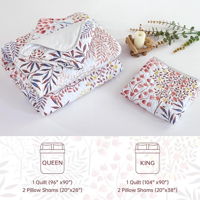 WONGS BEDDINGKing Quilt Set, 3 Pcs Red Blue Floral Bedspread Coverlet | Botanical Print Quilt Set for Spring Summer, Lightweight Microfiber Farmhouse Quilted Bed Cover for Guest Room 110"×90"
