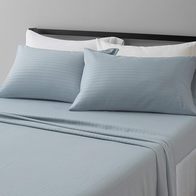 Amazon Basics Deluxe Breathable Wrinkle Resistant Brushed Microfiber Polyester Bed Sheets, 4-Piece, Full, Spa Blue Striped