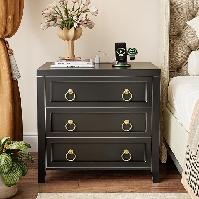 Huuger Paint Night Stand with Charger Station, 3 Drawer Nightstand Set of 2 | Larger Wider Bedside Table with USB-C Port, Modern End Table, for Bedroom, Living Room, Black Nightstand