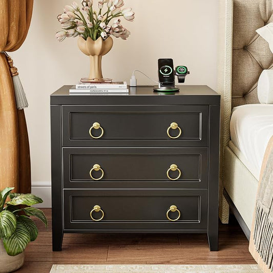 Huuger Night Stand with Charger Station and USB-C Port, 3 Drawer Nightstand | Larger Wider Bedside Table, Modern Side End Table, for Bedroom,Living Room, Black Nightstand