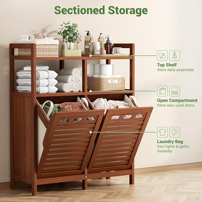 Homykic Tilt Out Laundry Hamper Cabinet, Bamboo Laundry Organizer, Walnut | 20 Gal Laundry Sorter with 2 Removable Liner Bags, Hidden Clothes Hamper with Shelf for Laundry Room, Bathroom, Closet
