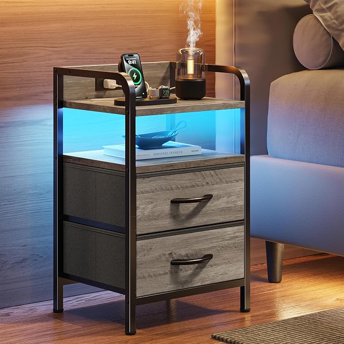 Huuger Nightstands Set of 2, Night Stand with LED Lights, Charging Station | USB-C Ports, 2 Drawers Bedside Table, Open Shelf, 2-Way Power Panel Install, End Table for Bedroom, Oak