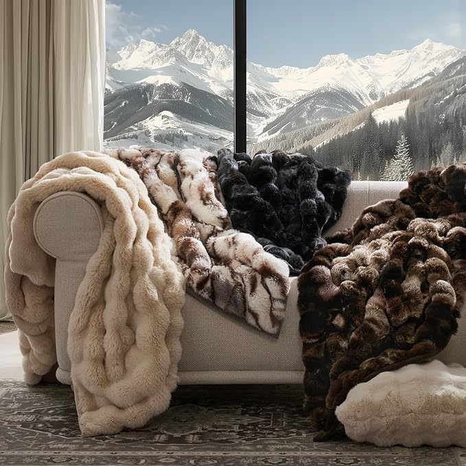 EverGrace Faux Rabbit Fur Bubble Throw Blanket, 60"x80", Beige & Gray | Ultra Soft, Luxury Faux Rabbit Fur Throw, Thick Warm Bubble Blanket, Cozy Fluffy Reversible, for Bed, Couch, Chair, Sofa