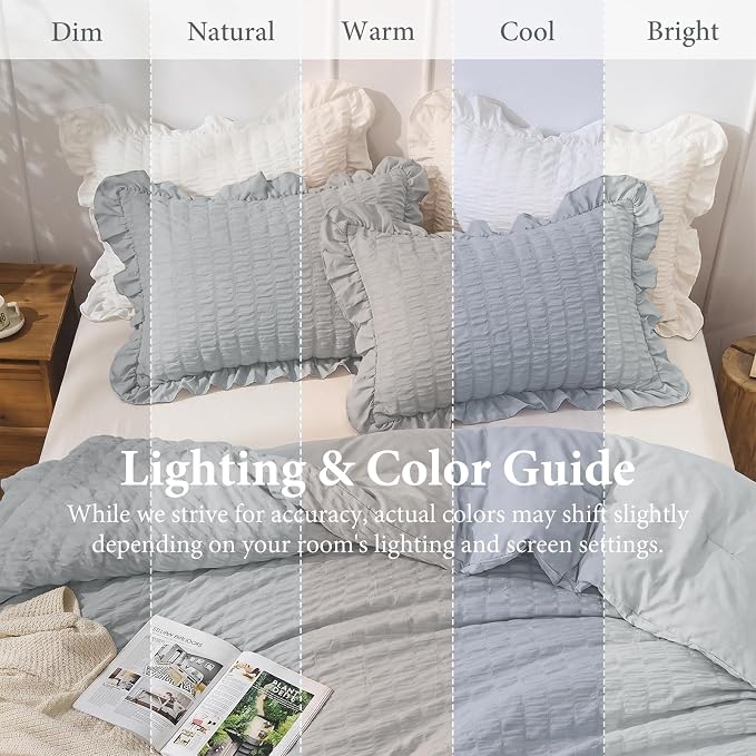 JOLLYVOGUE Light Grey Queen Comforter Set, 3 Pieces Seersucker Comforters Queen Size, Lightweight & Fluffy Bedding Sets Queen for All Season with 1 Ruffle Comforter and 2 Ruffle Pillowshams