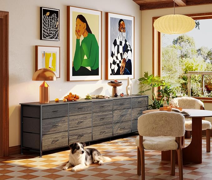 Huuger 86.6 Inch Long Dresser for Bedroom, TV Stand for 65, 75, 85 Inch TV | 15 Large Fabric Drawer Dresser, Entertainment Center for Bedroom, Wide Chest of Drawer with Storage