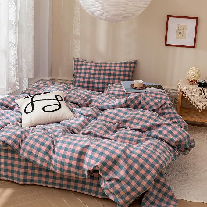 LifeTB Purple Pink Plaid Comforter Set Full Geometric Checkered Pattern Comforter Boho Grid Plaid Printed Bedding Comforter Set Fluffy Soft Lightweight Bedding Comforter Full Size with 2 Pillowcases