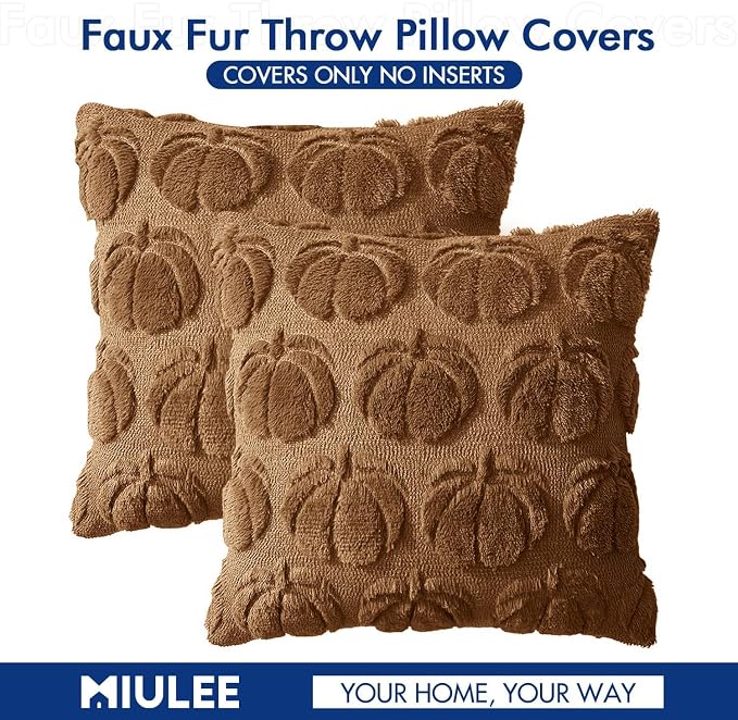 MIULEE Fall Pillow Covers Pumpkin Fall Decor 20x20 Brown | Set of 2 Fall Decorations for Home, Plush Faux Fur Farmhouse Accent Pillowcases, Porch Sofa Couch Cushion Bed Livingroom