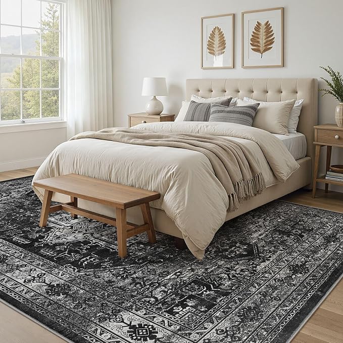 UERMEI 10x12 Area Rug Living Room Rugs - Washable Vintage Soft Large Rug Indoor Floor No Slip Rug Carpet for Bedroom Farmhouse Under Dining Table Home Office Decor - Black
