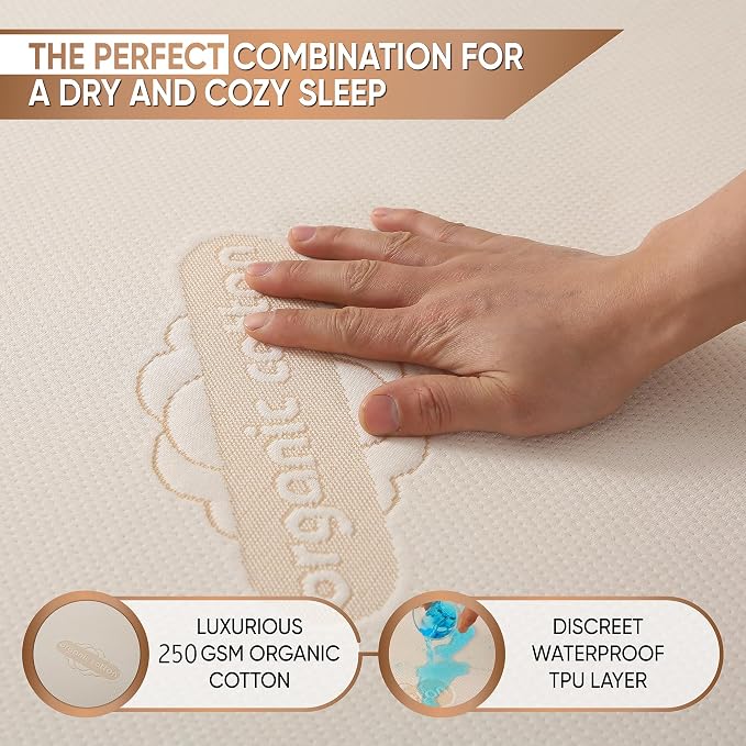 Waterproof Organic Mattress Protector Queen Size – Premium Soft Organic Cotton Surface Mattress Cover – Noiseless & Breathable 250 GSM Mattress Pad – Deep Pocket Fitted Design