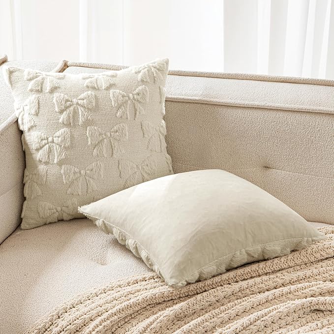MIULEE Beige Bow Pillow Covers Coquette Room Decor 18x18 | Aesthetic Decorative Cute Girl,Set of 2 Cushion Covers,Soft Plush Faux Pillowcases,Preppy Room Decor Bedroom Couch