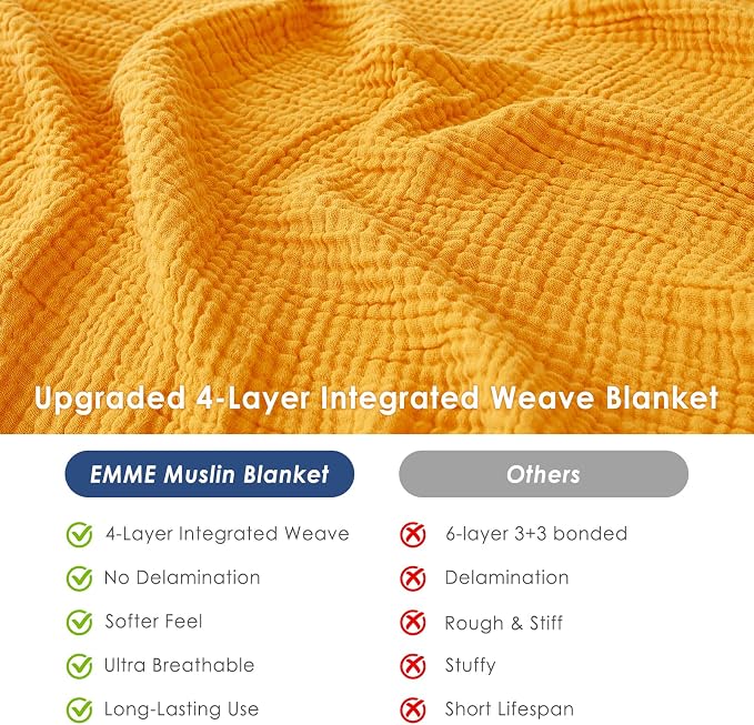 EMME Muslin Blankets for Adults Throw Blanket for Couch Breathable Gauze Soft Lightweight Airy Mustard Yellow Throw 50" x 60"