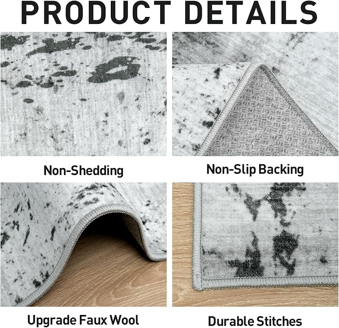 6x9 Area Rugs for Living Room: Washable Abstract Black White Grey Carpet | Non-slip TPE backing makes this washable soft low-pile rug safe & durable, Pet-friendly decor for dining room,nursery,office