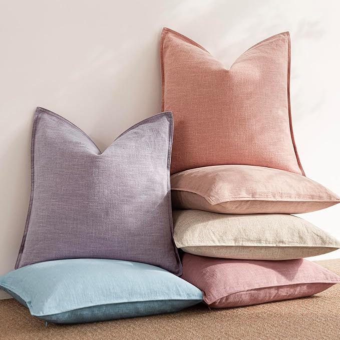 Foindtower Linen Solid Decorative Throw Pillow Covers 26x26 Inch Coral Pink | Boho Farmhouse Morden Pillowcase,Pack of 2 Soft Accent Cushion Covers,Rustic Home Decor for Chair Couch Bedroom Living Room