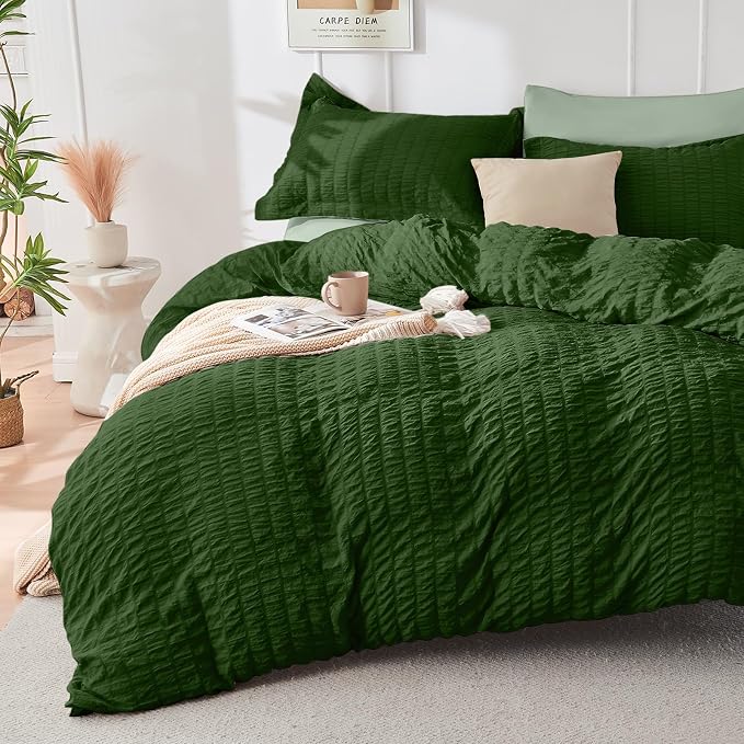 HYMOKEGE Dark Green/Sage Green Twin Size Duvet Cover, Ultra Soft 2-Piece Seersucker Duvet Cover Set with Zipper Closure, Soft Brushed Microfiber Bedding Set with 8 Corner Ties (68"x90", 1 Pillowshams)