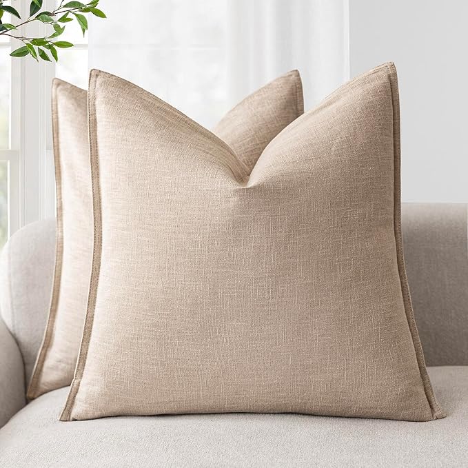 Foindtower Linen Solid Decorative Throw Pillow Covers 26x26 Inch Tan Beige | Boho Farmhouse Morden Pillowcase,Pack of 2 Soft Accent Cushion Covers,Rustic Home Decor for Chair Couch Bedroom Living Room