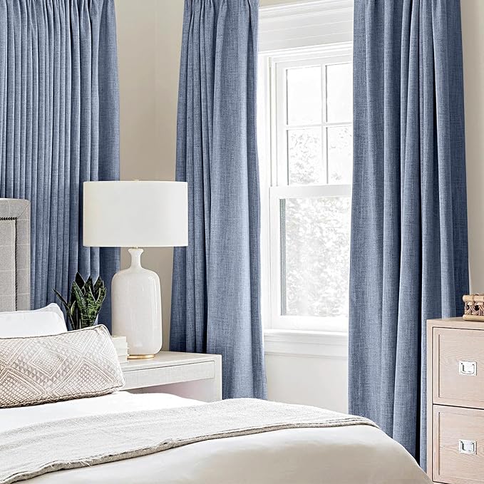 MIULEE 100% Blackout Linen Curtains for Bedroom 52x84 Inches Stone Blue | Room Darkening, Light Blocking, Thermal Insulated, Grommet Top, Linen Textured, Window Curtains for Living Room, 2 Panels