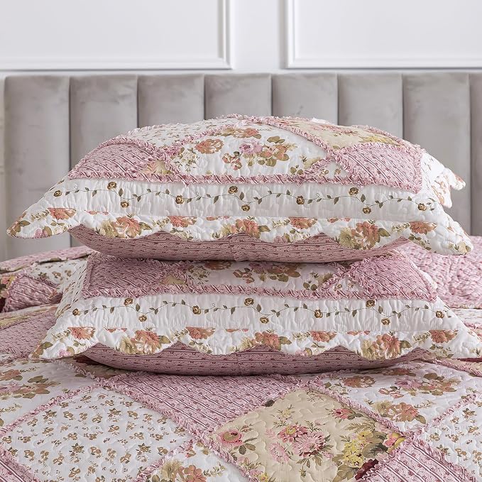 Quilt Set King Size, Bedspread Sets Pink Botanical Floral, Reversible Quilt Bedding Set Lightweight and Breathable for All Seasons, Soft Quilted Bedspread with 2 Pillow Shams