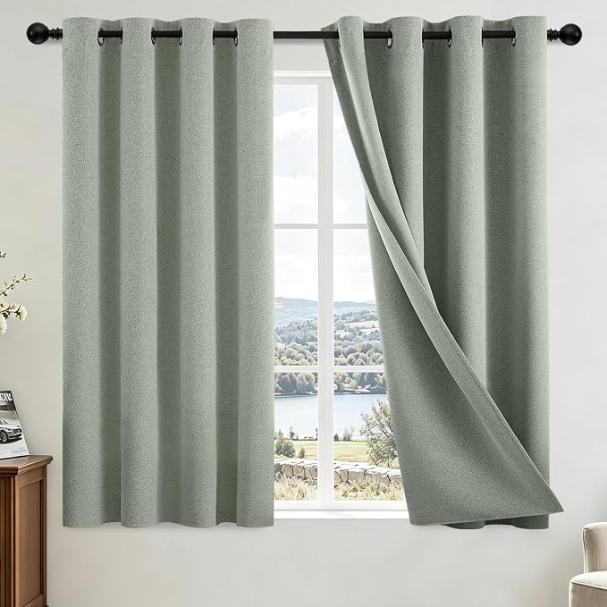 COSVIYA 100% Blackout Sage Green Linen Curtains & Drapes 45 Inch Length | Light Blocking Full Room Darkening Grommet Insulated Thermal Window Panels for Bedroom/Living Room,52x45 inches,2 Panels