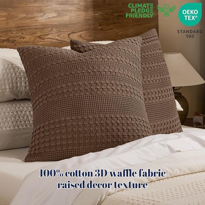 PHF 100% Cotton Waffle Weave Euro Sham Covers, 2 Pack 26" x 26" Bed Pillow Covers for Elegant Home Decor, No Filling, Luxury Aesthetic Soft Euro Pillow Cases for Bed, Chocolate