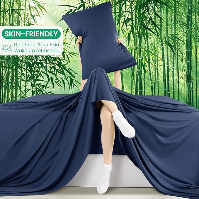 SONORO KATE 100% Viscose Derived from Bamboo_Sheets Full Size,4PC | Cooling Bed Sheets for Hot Sleepers,Soft Breathable & Silky,16" Deep Pocket,Luxury Hotel Bedding,Navy Blue
